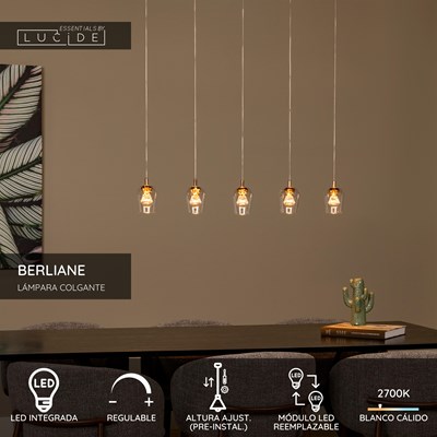 Lucide BERLIANE - Lámpara colgante - LED Regul. - 5x4W 2700K - Con módulo LED reemplazable - Transparente | Essential